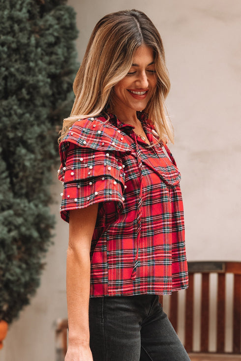 Plaid Pearl Embellished Ruffle Short Sleeve Blouse