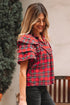 Plaid Pearl Embellished Ruffle Short Sleeve Blouse