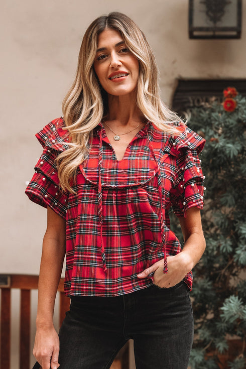 Plaid Pearl Embellished Ruffle Short Sleeve Blouse