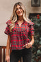 Plaid Pearl Embellished Ruffle Short Sleeve Blouse