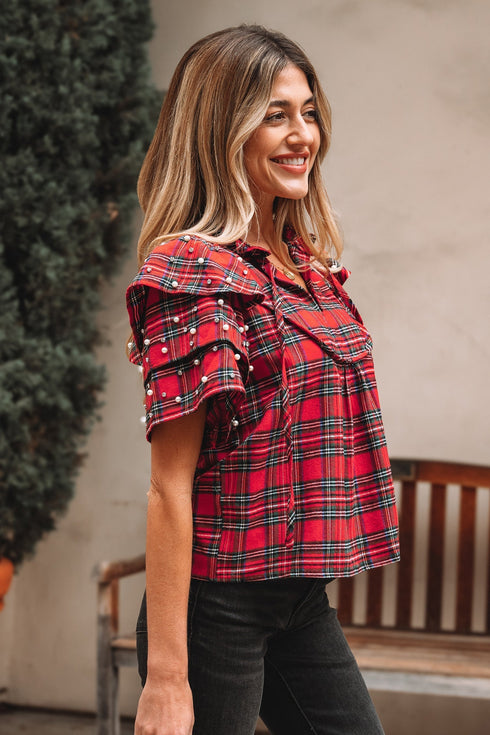 Plaid Pearl Embellished Ruffle Short Sleeve Blouse