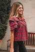 Plaid Pearl Embellished Ruffle Short Sleeve Blouse