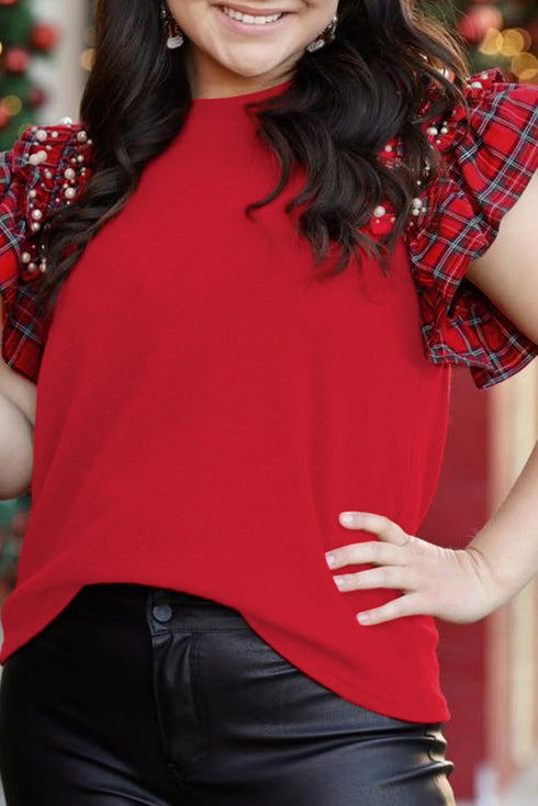 Plaid Pearl Ruffle Sleeve Holiday Crewneck Tee