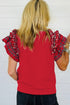 Plaid Pearl Ruffle Sleeve Holiday Crewneck Tee