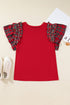 Plaid Pearl Ruffle Sleeve Holiday Crewneck Tee