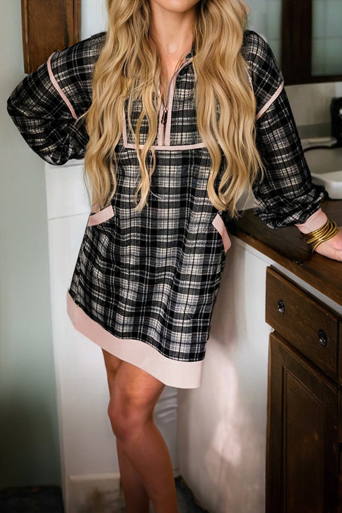 Plaid Polo Collar Zip Up Contrast Trim Mini Dress