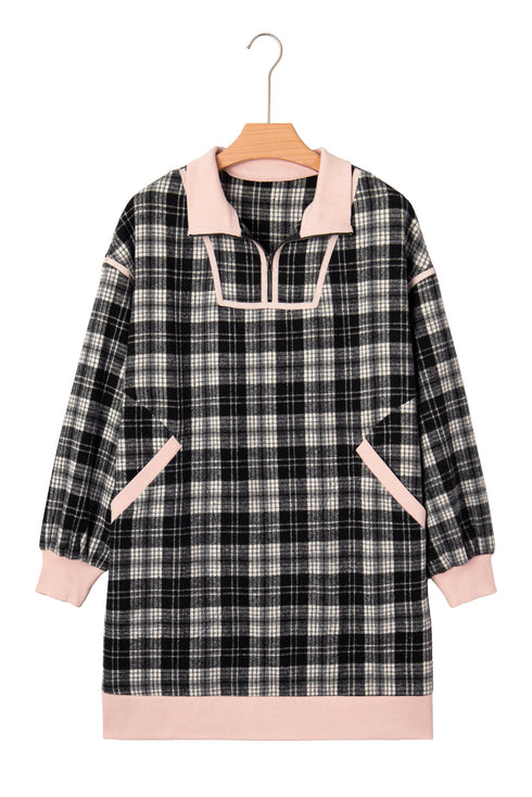 Plaid Polo Collar Zip Up Contrast Trim Mini Dress