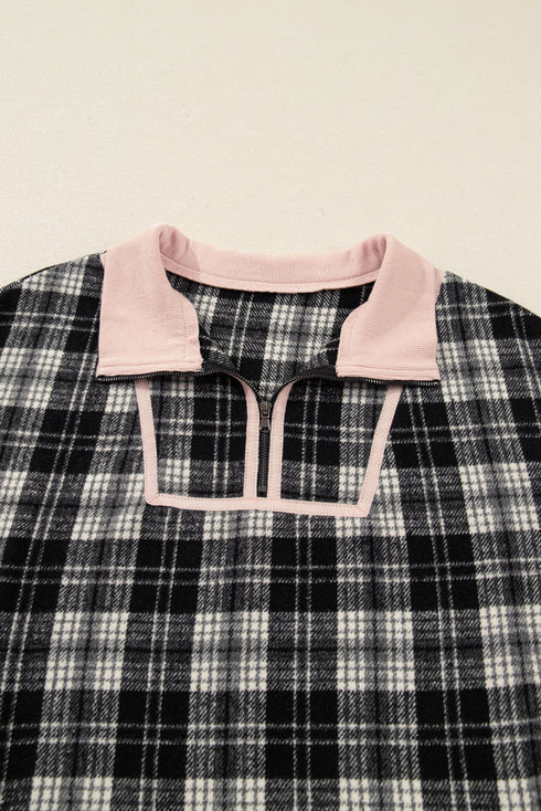 Plaid Polo Collar Zip Up Contrast Trim Mini Dress