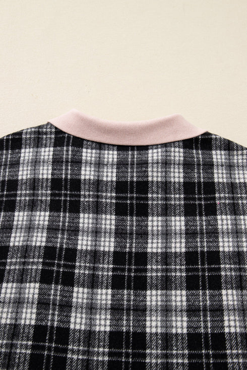 Plaid Polo Collar Zip Up Contrast Trim Mini Dress