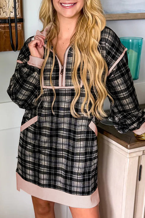 Plaid Polo Collar Zip Up Contrast Trim Mini Dress