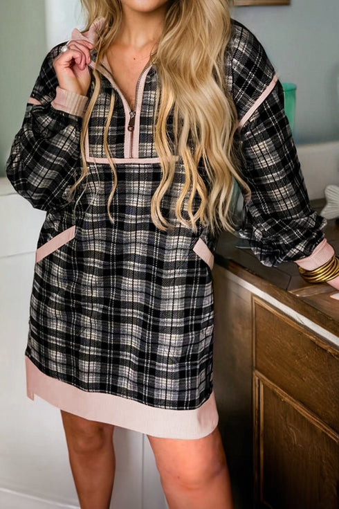 Plaid Polo Collar Zip Up Contrast Trim Mini Dress