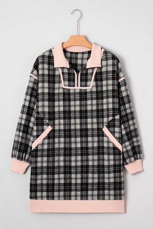 Plaid Polo Collar Zip Up Contrast Trim Mini Dress