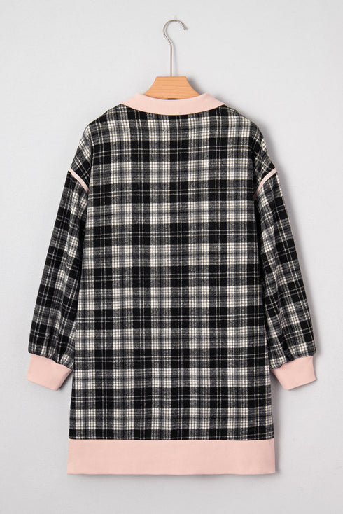 Plaid Polo Collar Zip Up Contrast Trim Mini Dress