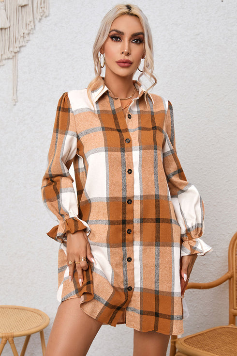 Plaid Print Button Down Ruffled Cuff Shirt Dress