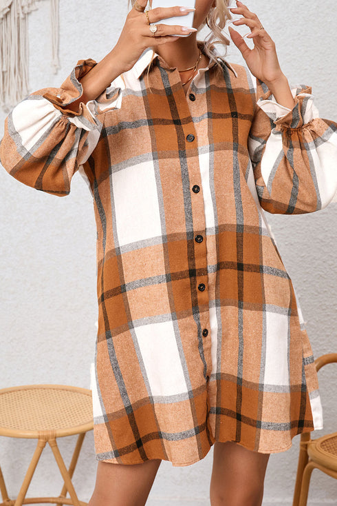 Plaid Print Button Down Ruffled Cuff Shirt Dress