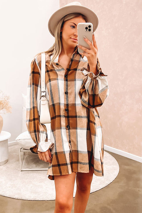 Plaid Print Button Down Ruffled Cuff Shirt Dress