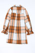Plaid Print Button Down Ruffled Cuff Shirt Dress