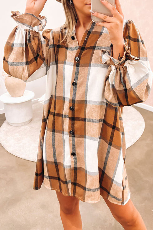 Plaid Print Button Down Ruffled Cuff Shirt Dress