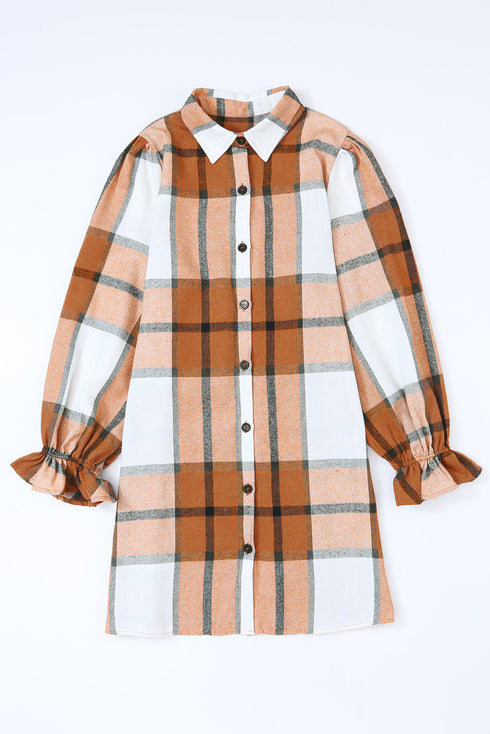 Plaid Print Button Down Ruffled Cuff Shirt Dress