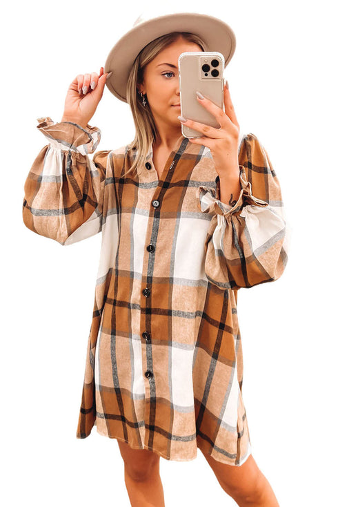Plaid Print Button Down Ruffled Cuff Shirt Dress