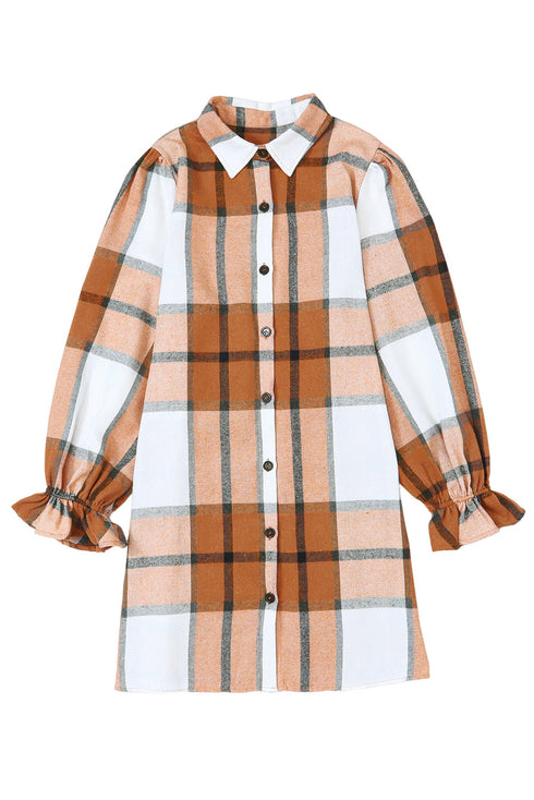 Plaid Print Button Down Ruffled Cuff Shirt Dress