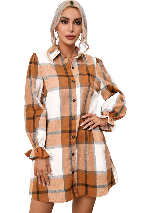 Plaid Print Button Down Ruffled Cuff Shirt Dress