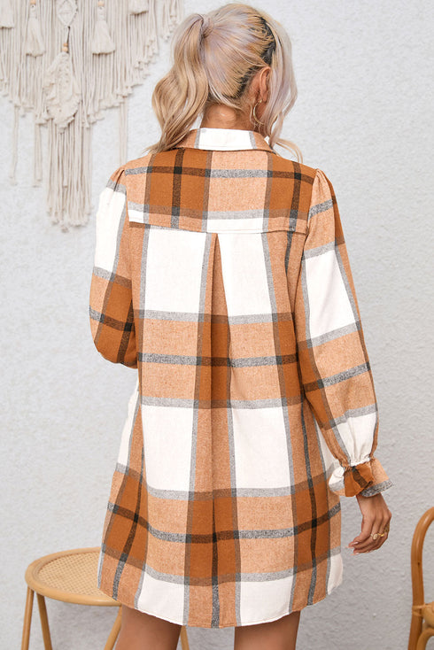 Plaid Print Button Down Ruffled Cuff Shirt Dress