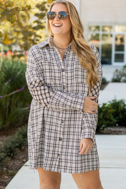 Plaid Print Buttoned Raw Hem Tunic Shirt Midi Dress