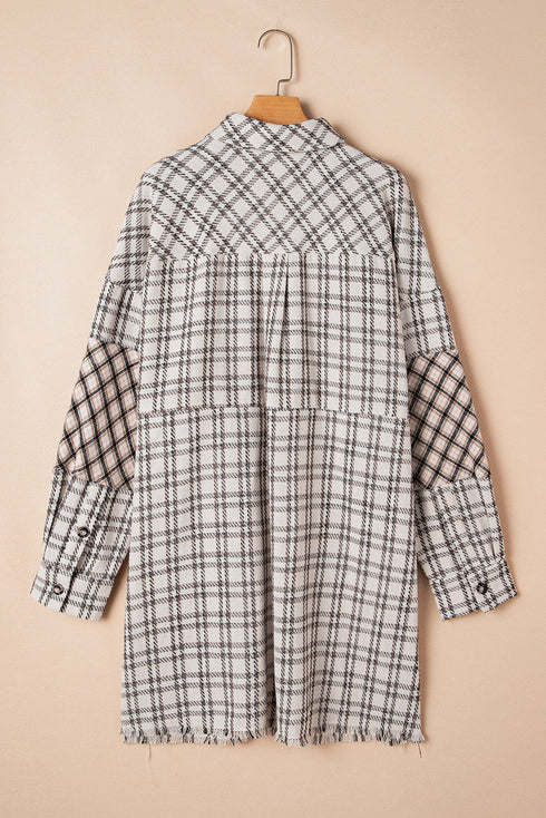 Plaid Print Buttoned Raw Hem Tunic Shirt Midi Dress