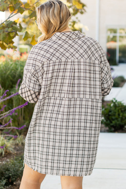 Plaid Print Buttoned Raw Hem Tunic Shirt Midi Dress