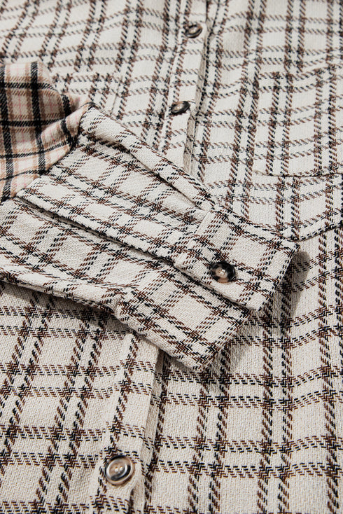 Plaid Print Buttoned Raw Hem Tunic Shirt Midi Dress