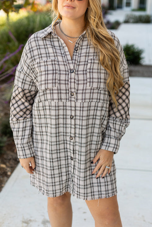 Plaid Print Buttoned Raw Hem Tunic Shirt Midi Dress