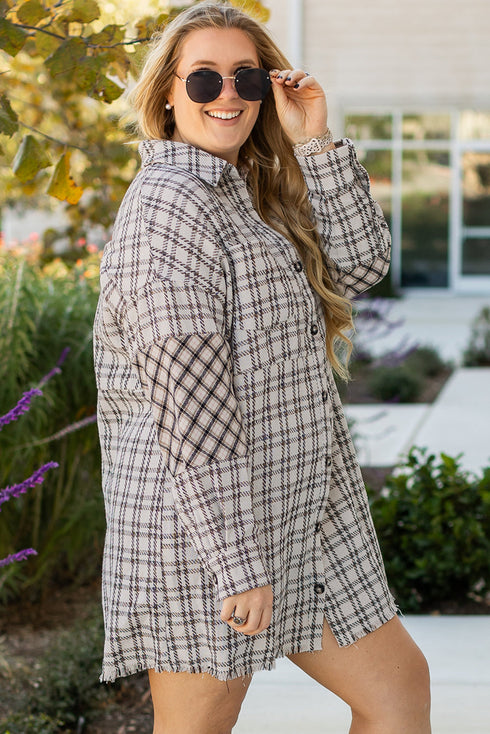 Plaid Print Buttoned Raw Hem Tunic Shirt Midi Dress