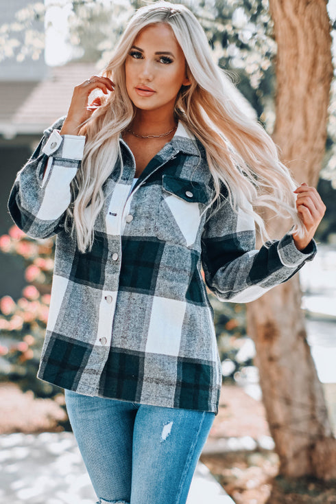 Plaid Print Buttoned Shirt Coat With Pocket