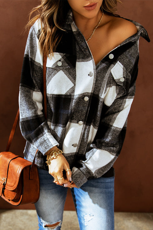 Plaid Print Buttoned Shirt Coat With Pocket