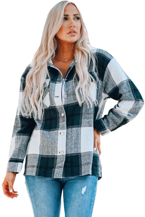 Plaid Print Buttoned Shirt Coat With Pocket