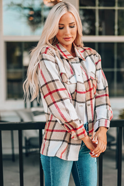 Plaid Print Buttoned Shirt Coat With Pocket