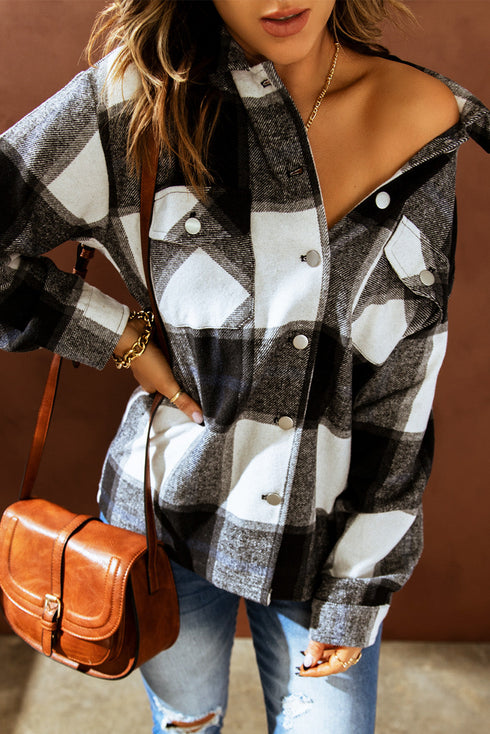 Plaid Print Buttoned Shirt Coat With Pocket