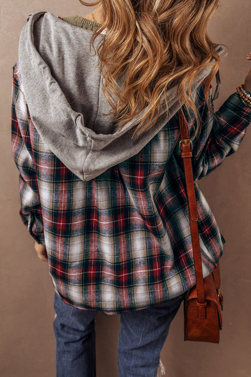 Plaid Print Chest Pocket Button Down Hooded Shacket