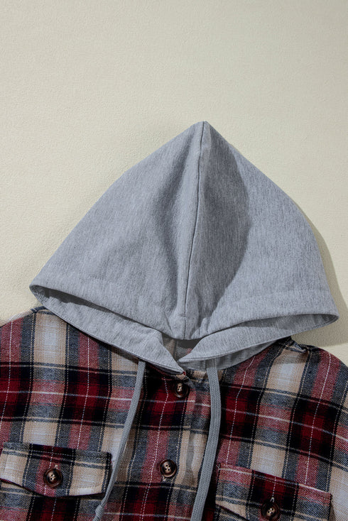 Plaid Print Chest Pocket Button Down Hooded Shacket