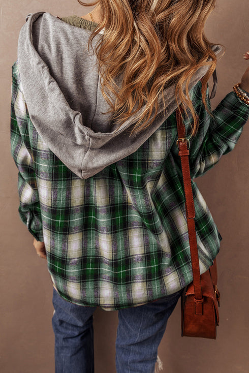 Plaid Print Chest Pocket Button Down Hooded Shacket
