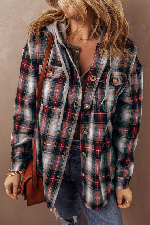 Plaid Print Chest Pocket Button Down Hooded Shacket