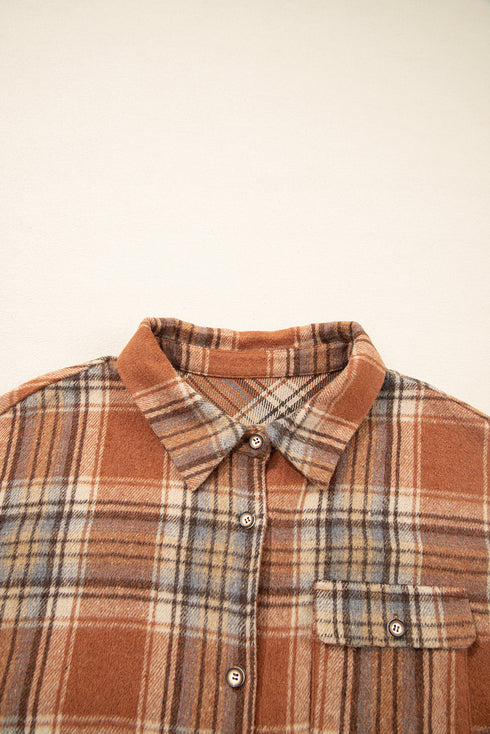 Plaid Print Corduroy Flap Pocket Buttoned Shacket Outerwear