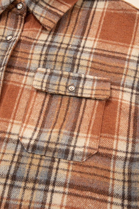 Plaid Print Corduroy Flap Pocket Buttoned Shacket Outerwear
