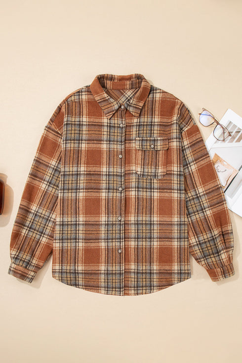 Plaid Print Corduroy Flap Pocket Buttoned Shacket Outerwear