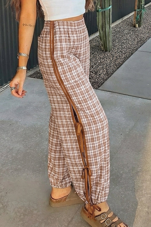 Plaid Print Elastic Waist Bow Tie Jogger Pants