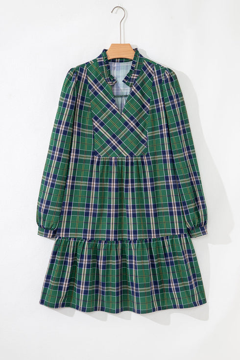 Plaid Print Frilly Collar Long Sleeve Shift Mini Dress