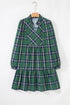 Plaid Print Frilly Collar Long Sleeve Shift Mini Dress