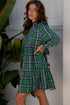 Plaid Print Frilly Collar Long Sleeve Shift Mini Dress