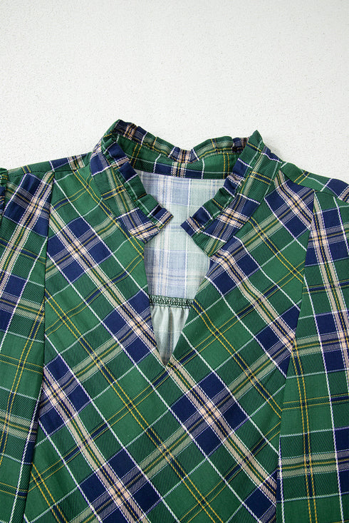 Plaid Print Frilly Collar Long Sleeve Shift Mini Dress